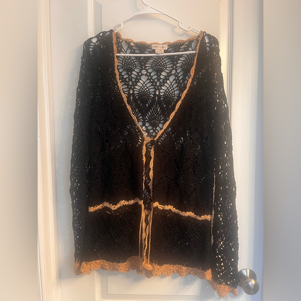 Black‎ and Tan Y2K Crocheted long sleeve cardigan w/ drawstring Monroe & Main 2X